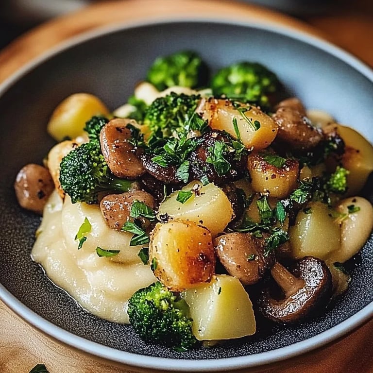 Pilzpfanne mit Rosenkohl & Kartoffelpüree
