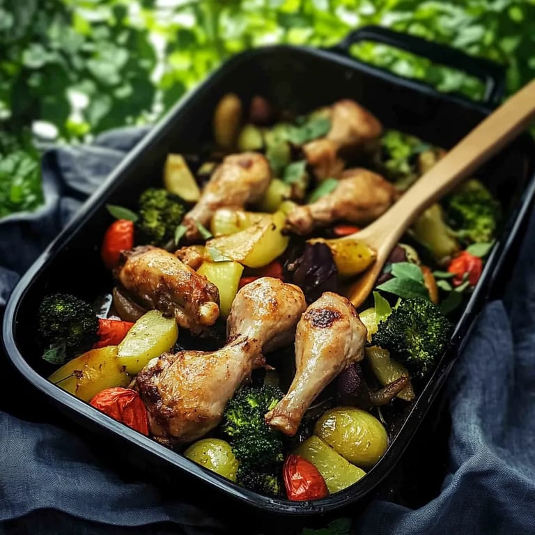 Hähnchenschenkel mit Gemüse und Kartoffeln aus dem Ofen